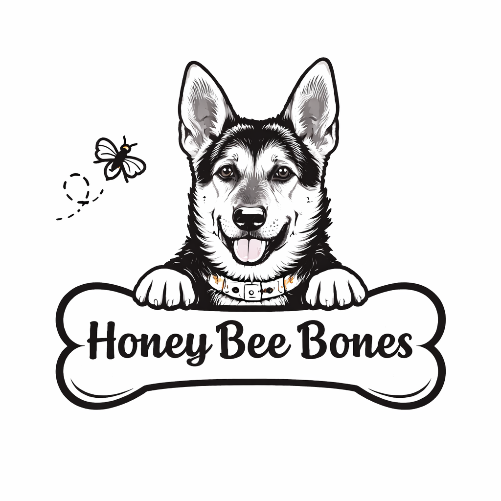 Honey Bee Bones logo — husky illustration with bone and bee